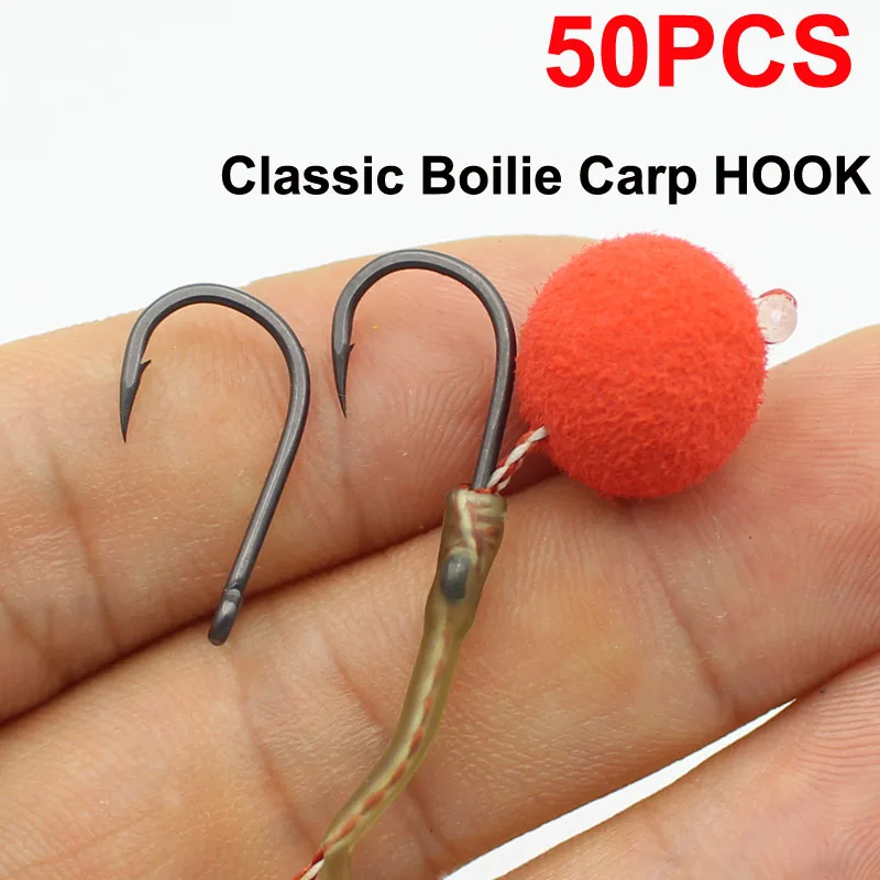 

50pcs Teflon Coating Carp Fishing Hooks Micro Barbed Classic Boilie Hook with Eye Anti Scare Black Size 2 4 6 8 10 Carp Hook