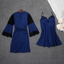 Женский пикантный Шелковый Атласный вечерний комплект с платьем кружевной халат и ночная рубашка, комплект из 2 предметов, модная Пижама, летняя домашняя одежда