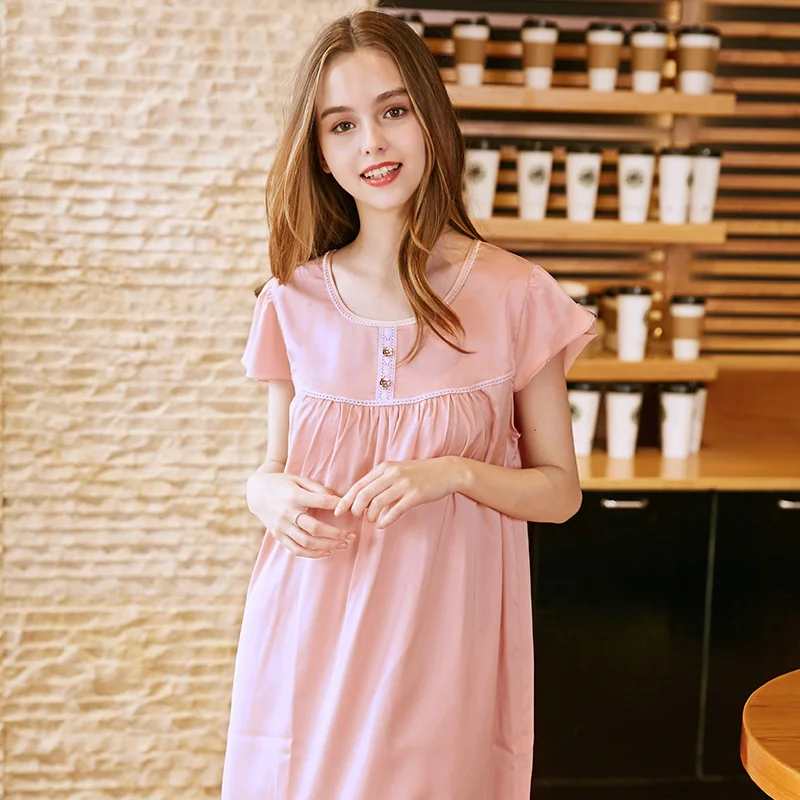 

Casual Sleepwear Dress Nightdress Loose Solid Silk Nightgown Lingerie Short SleeveKnee-length Summer Sleep Wear