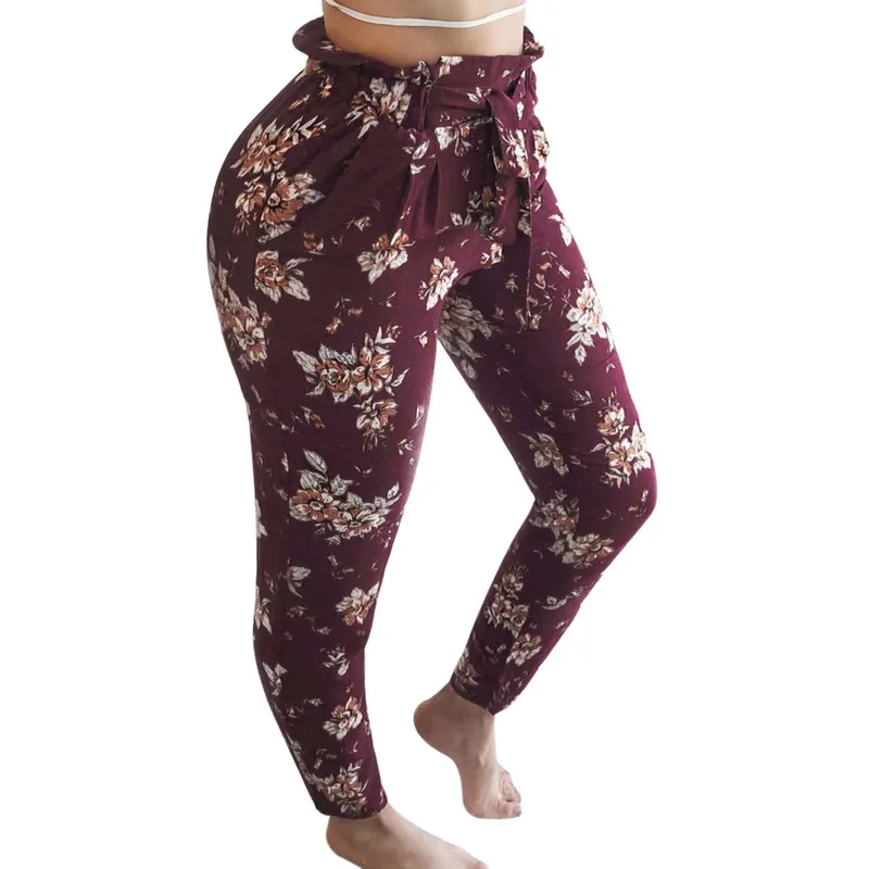 

SHUJIN Women Boho Floral Printed Skinny Pants Summer Beach Female Sweatpants Long Trousers Casual Lace Up Tunic Pencil Pants