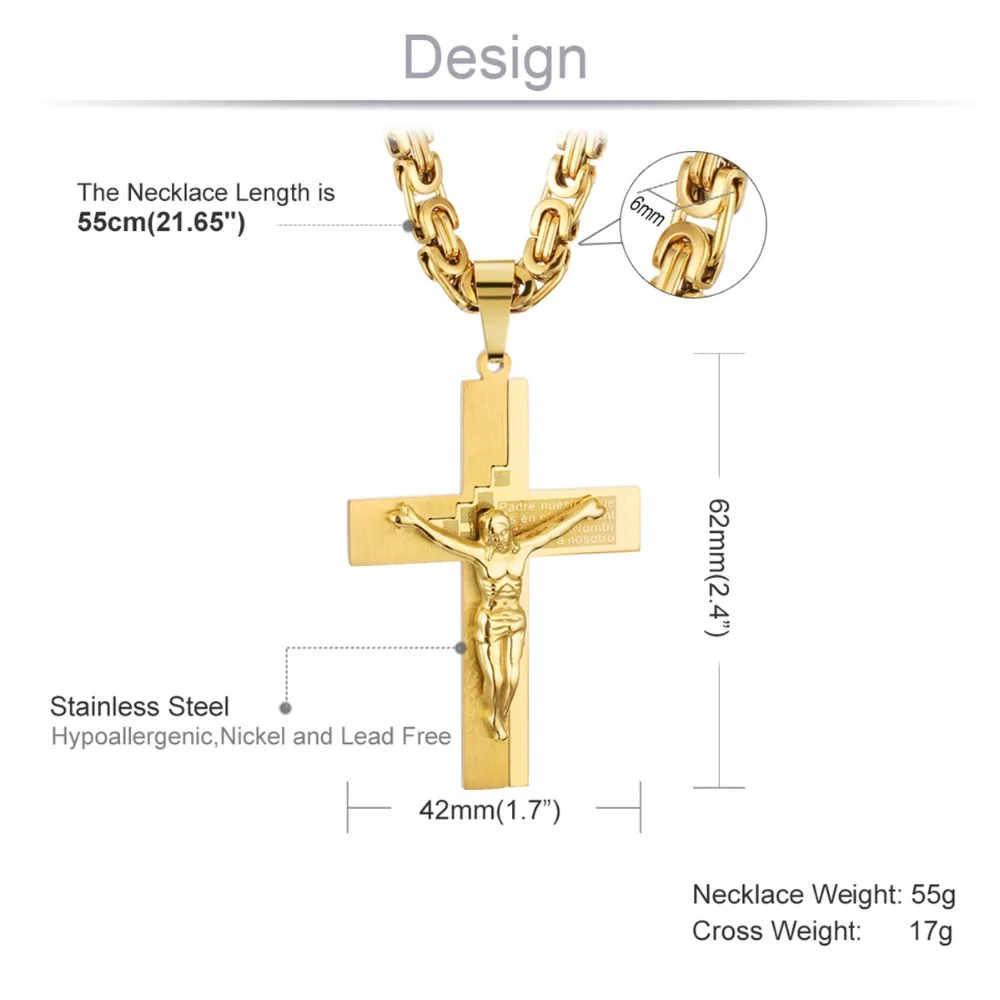 Распятие Иисуса кулон ожерелье Золото Цвет Нержавеющая сталь Рождество Библейский крест мужские ювелирные изделия Византийская цепь подарок для отца NZ016