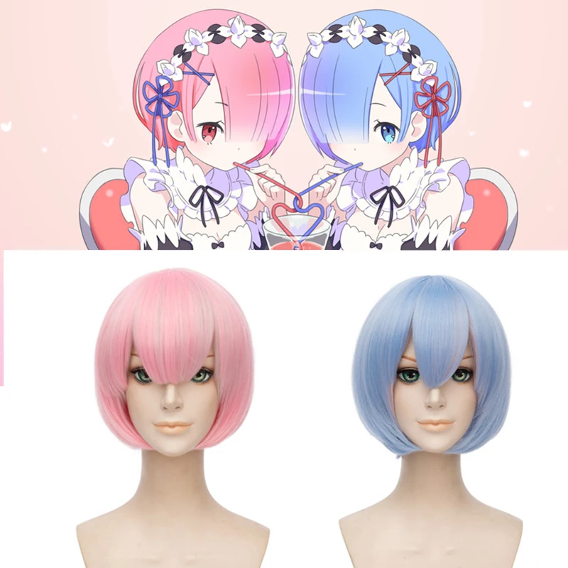 Re:Zero kara Hajimeru Isekai Seikatsu Rem Wig Ram Wig Blue Pink Cosplay Wig 
