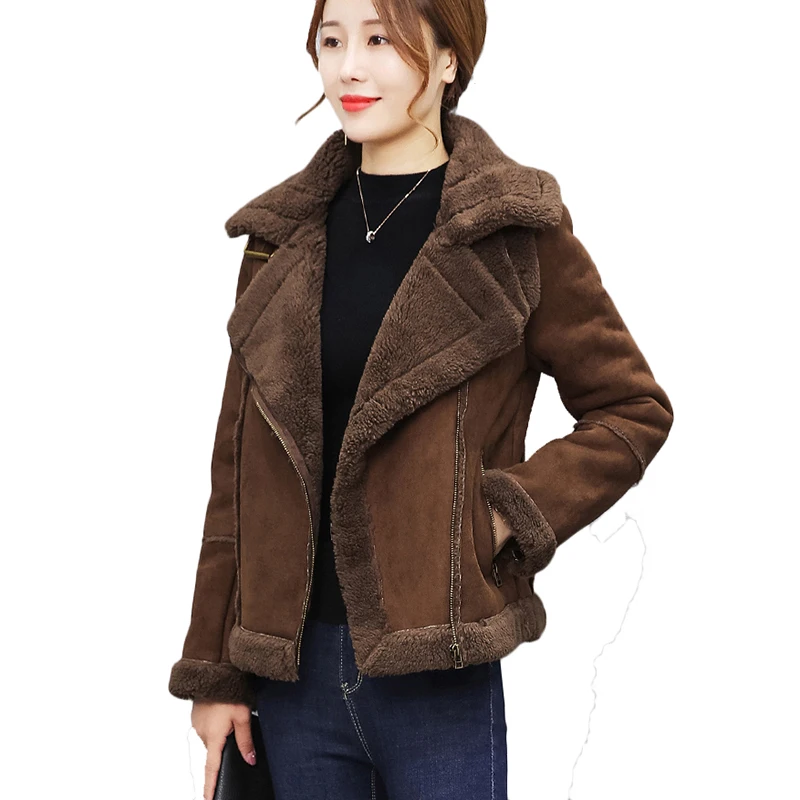 Winter Women Suede Lamb Wool Coat Big size Korean Slim Thickening Short