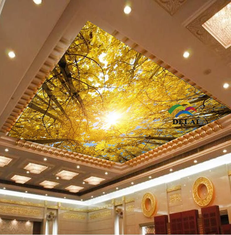 

T-1617 autumn tree with yellow leaves pvc stretch film ceiling material with ceiling lamp