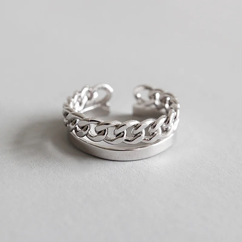 

100% Authentic S925 Sterling Silver Fine Jewelry Multi-Layers Polished &Open Chain Band Ring J129