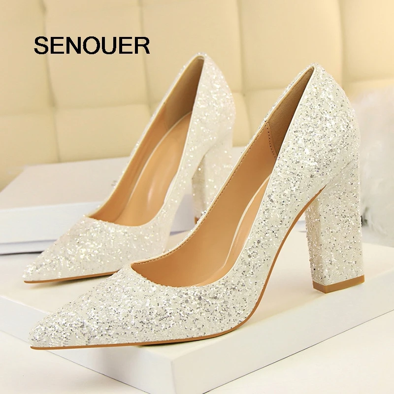 Senouer Bling Для женщин Насосы свадебные туфли Белый обувь для вечеринок Высокие