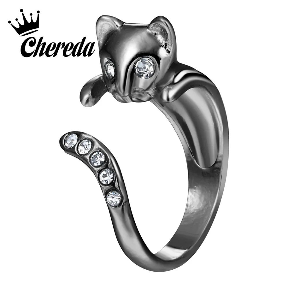 

Chereda Small Crystal Animal Cat Rings for Women Metal Black Gold Brand Famous Finger Ring Knuckle Wrap Bague