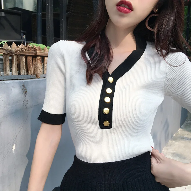 

2019 Women Sweaters Spring New Sweater female fashion button V-neck sweater short sleeves Top Sweater Female G68