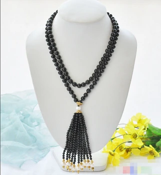

Free shipping@@@@@ S1850 45" 8mm black agate bead white round pearl necklace