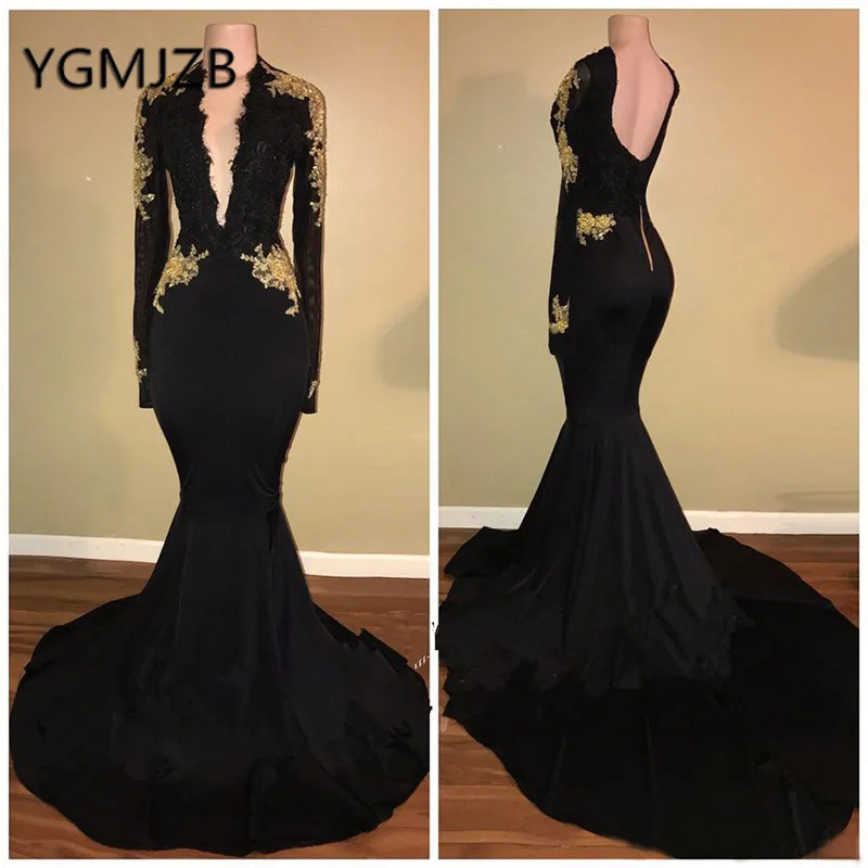

Elegant Black Evening Dresses 2019 Mermaid Deep V-Neck Long Sleeves Appliques Lace Women Formal Prom Party Dress Robe De Soiree
