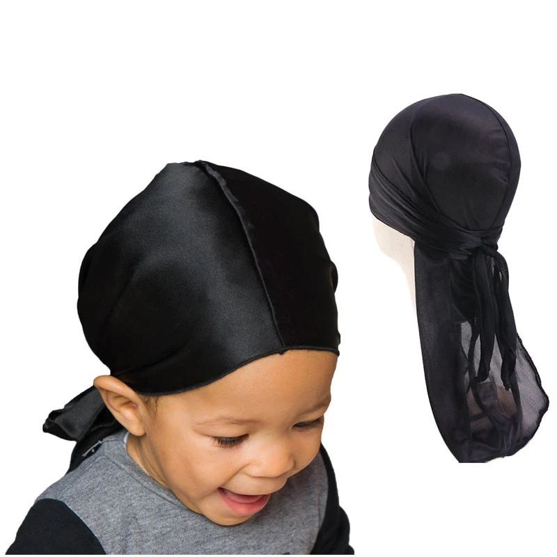 

Kids Silky Durag Boy Headwrap Children Bonnet Cap Long Tail Wide Straps Waves men Solid Wide Doo RagComfortable Biker Beanie Hat