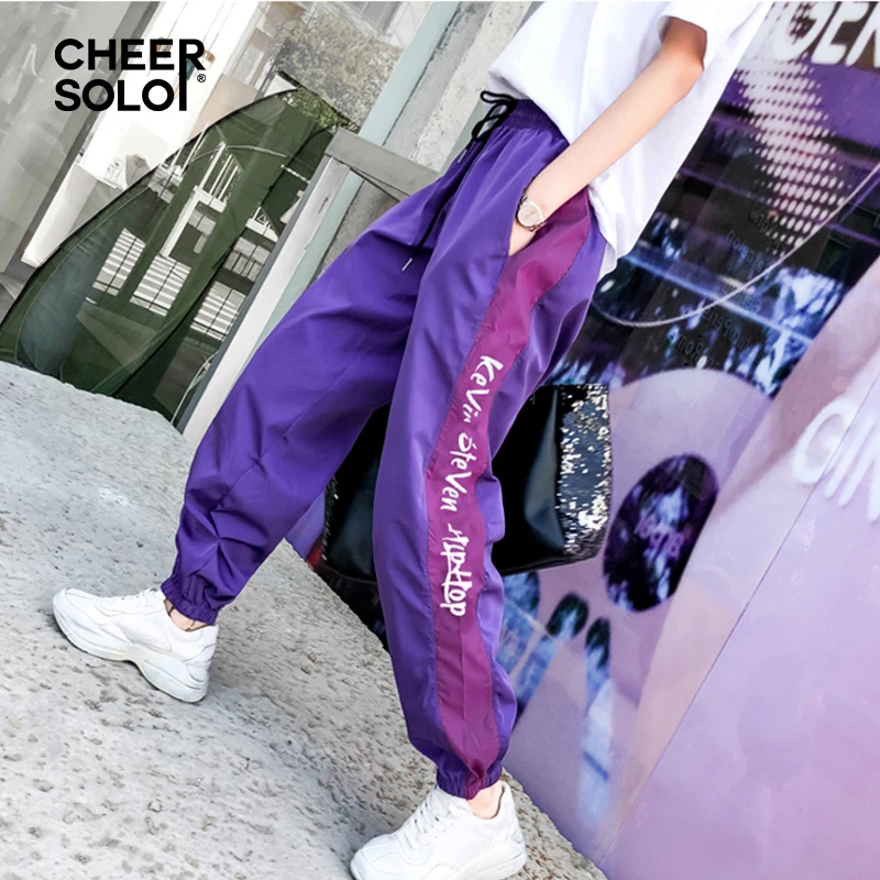 CheerSolo Hip Hop Loose Pants Women Harajuku Purple Sweatpants Side Striped Letter Print Black Trousers Street Style sweatpants