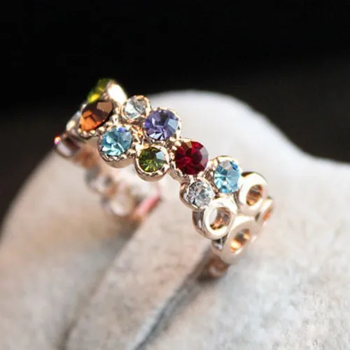 

Austrian Crystal Stellux Gold Color Flower Pattern Love Women Lady Cute Round Multicolor Ring Elegant Fashion Jewelry R064