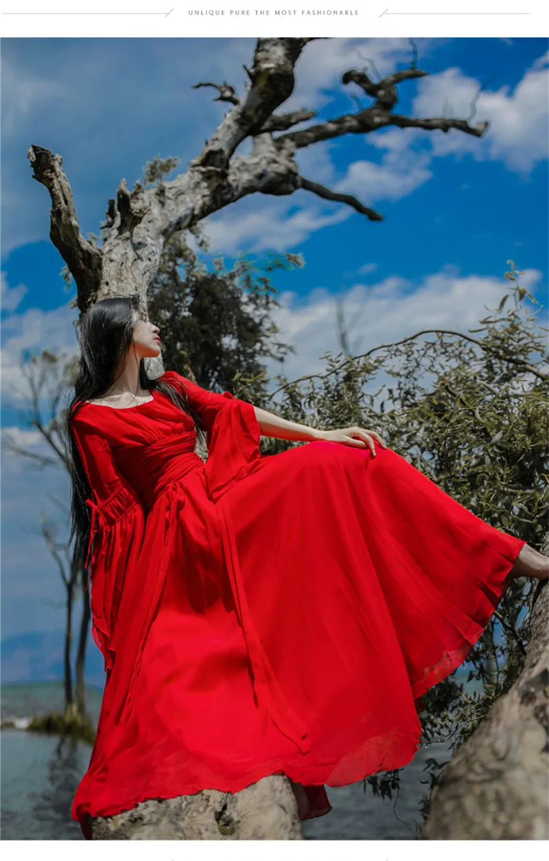 Женское летнее сказочное праздничное платье, винтажное Пляжное Платье макси с рукавами-бабочками, с высокой талией, Каскадное красное платье с оборками, Vestidos