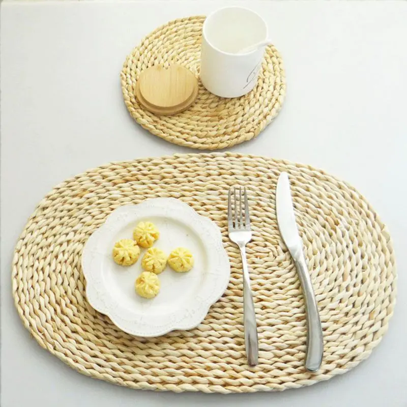 

Rattan Placemats Straw Cup Coasters Dining Table Mat Heat Insulation Pot Holder Wicker Drink Coaster Cutting Kitchen Accessories