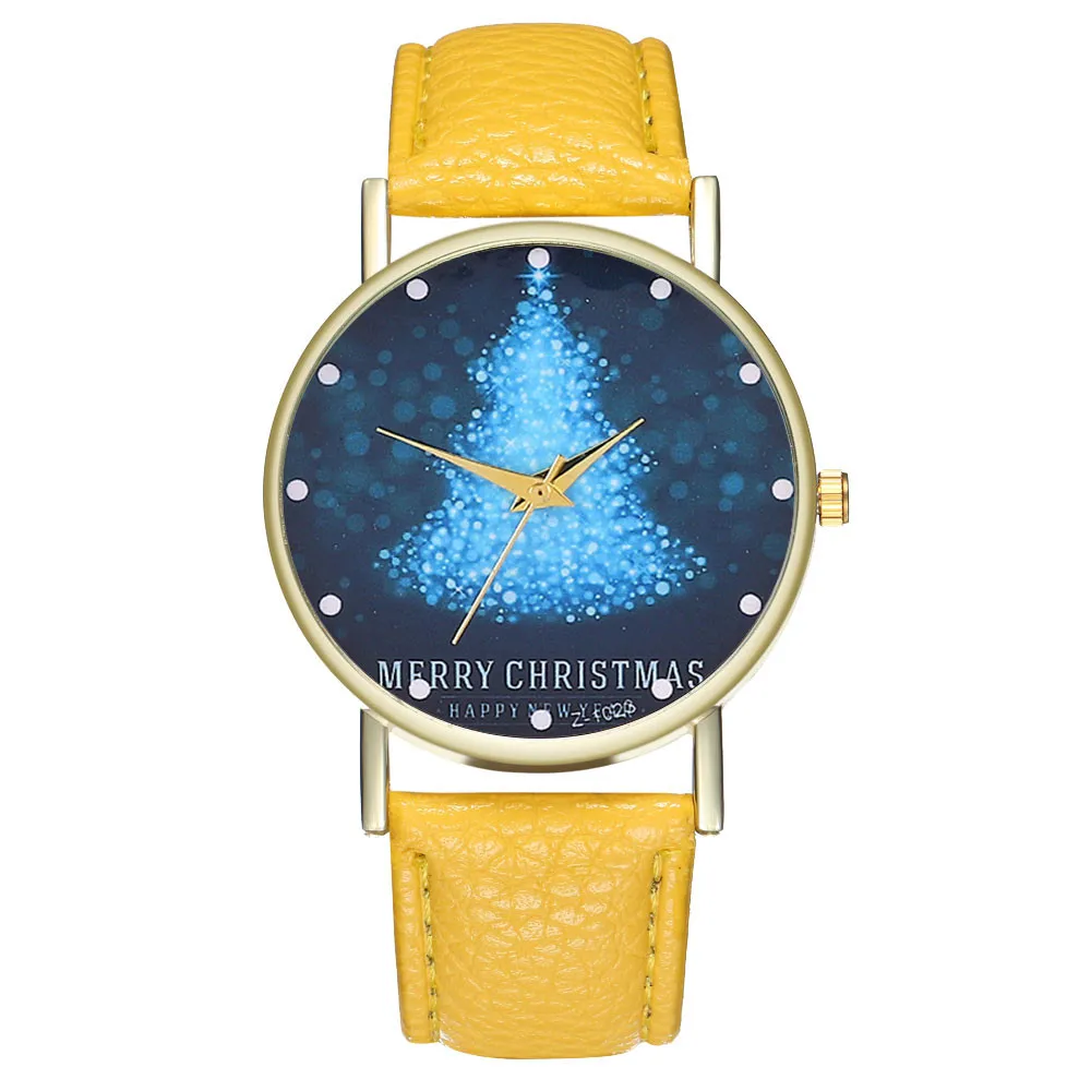 Топ бренд часы женские Санта Клаус шаблон кожаный ремешок кварцевые часы Аналоговые женские часы рождественские часы Montre Femme& Ff - Цвет: yellow