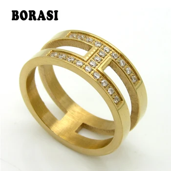 

New Arrival Stainless Steel Ring Classic H Letter Wedding Ring Gold Color Mosaic AAA CZ Zircon Crystal Brand Jewelry