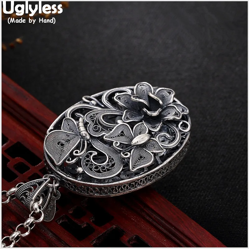 

Uglyless Real 999 Fine Thai Silver Women Vintage Filigree Jewelry Handmade Butterfly Pendant without Chain Hollow Flower Bijoux