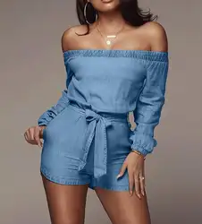 Новая мода 2019 с длинным рукавом Для женщин синие джинсы комбинезон сексуальный с плеча Slash шеи Banage ползунки дамы Повседневное женский