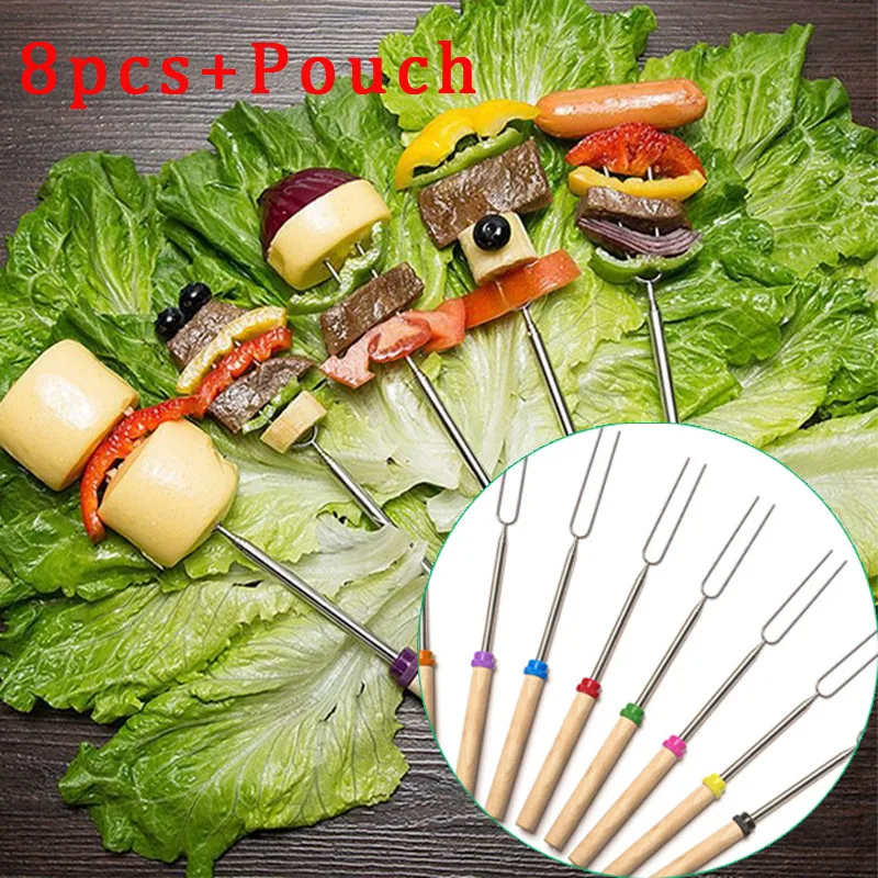 BBQ 8 stick telescopic stainless steel barbecue fork with colored