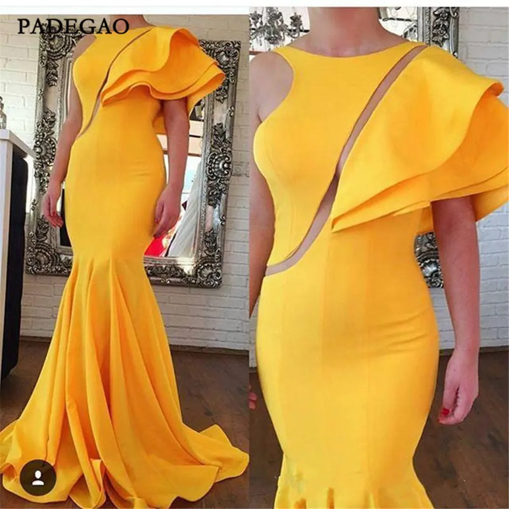 

New Yellow Evening Dresses Mermaid Long Party Dress Stain Ruffles Floor Length Sweep Train Ruched Evening Dress Custom Made