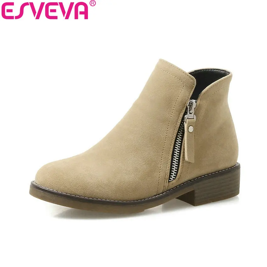 

ESVEVA 2018 Women Boots Scrub PU Western Square Heels Ankle Boots Med Heels Khaki Round Toe Black Solid Ladies Boots Size 34-43