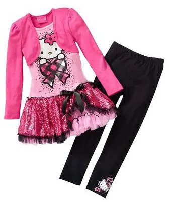 

Retail new Kids Clothes Sets Fashion Autumn 2pcs Sets Skirt Suit Hello Kitty Baby Girls Dresses Clothing Sets Shirt +Pants