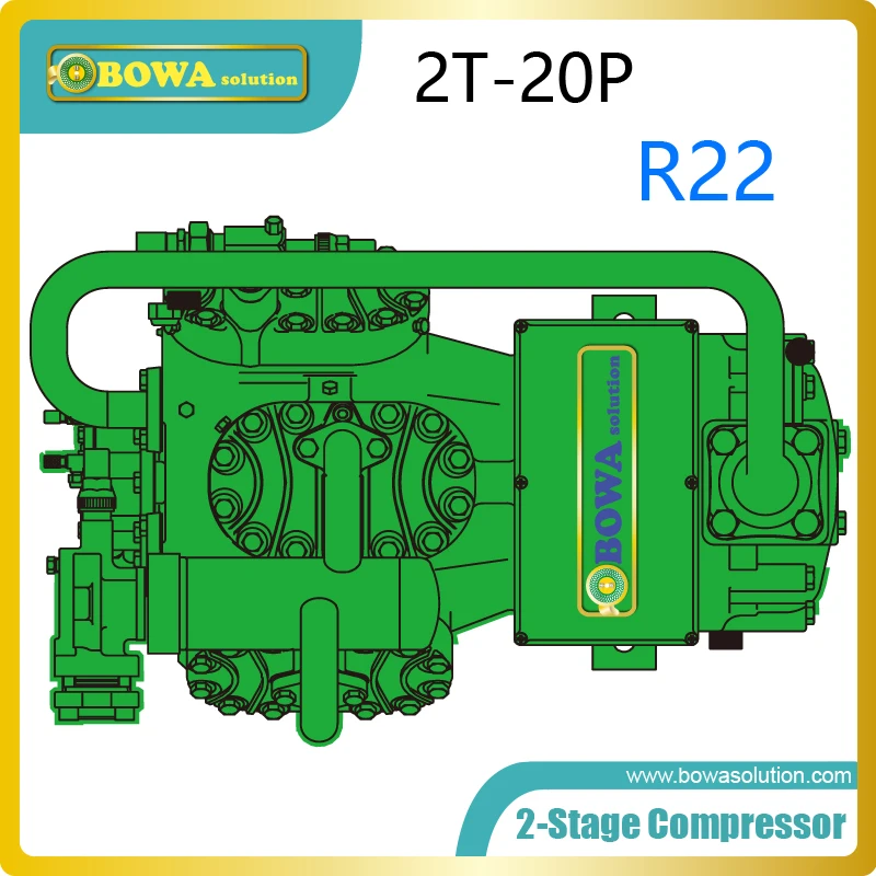 2-ступенчатый компрессор 20HP, прямое всасывание/опциональное жидкое подохлаждение, повышает производительность системы охлаждения 2-ступенчатый компрессор 20HP, прямое всасывание/опциональное жидкое подохлаждение, повышает производительность системы охлаждения