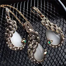 SHUANGR Pendientes Austrian Crystal Circle Opal Peacock Jewelry Sets Peacocks Necklace Drop Earrings Set For Women Gift joyeria