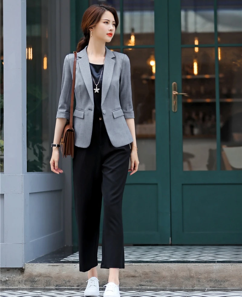 Blazer gris para mujer, trajes de negocios formales para oficina, ropa de trabajo, de uniforme, pantalón y chaqueta, novedad de 2019|Trajes de - AliExpress