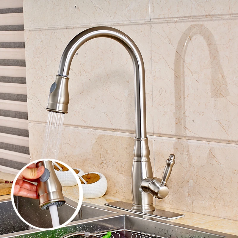 

Deck Mount Kitchen Sink Faucet Swivel Spout Pull Down Mixer Tap with Cover Plate Nickel Brushed