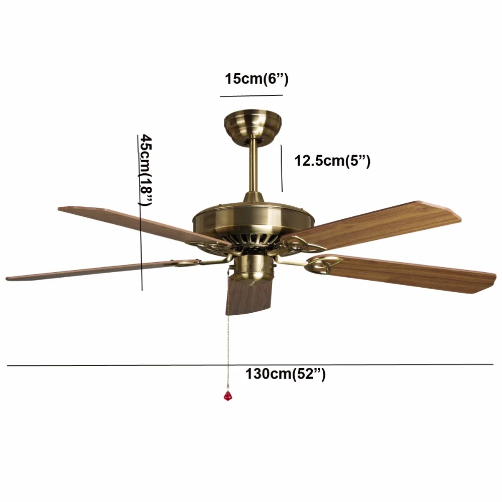 Деревянный потолочный вентилятор 52 дюймов 5 листьев без света и 2 размера стержень для гостиной спальни столовой