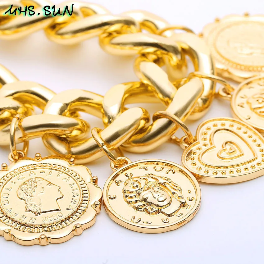 MHS. SUN преувеличенные женские браслеты модные европейские серебряные/золотые браслеты с очаровательными кулоны в виде монеты новые ювелирные изделия