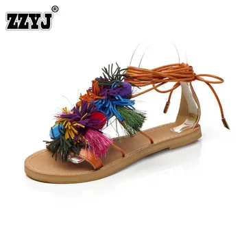 Lightweight EVA soles Quality Sandals Woman Shoes Flat  shoes Fashion Cross Bind Belt National Style Tassel shoe 2017 Summer