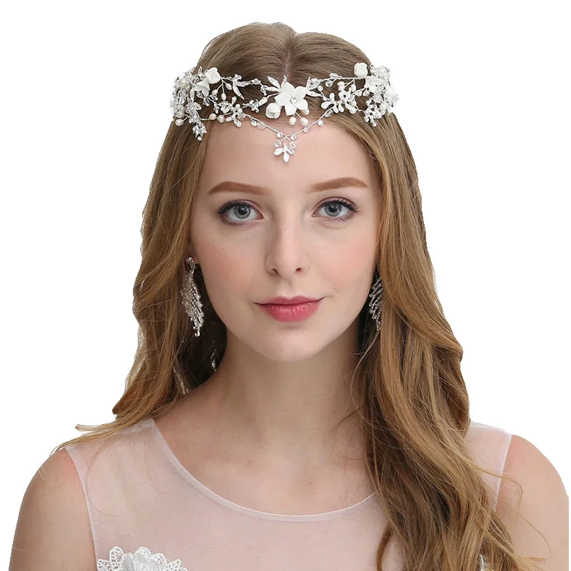 

Fashion Forehead Jewelry Flower Pearl Rhinestone Headband Crystal Wedding Hair Accessories Tiara Crown Bridal Hairband Headpiece