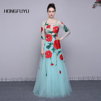 

100% Real Photo Scoop Neck Long Sleeves Tulle A Line Long Prom Dresses 2019 Elegant Flowers Zipper Floor Length Prom Dress A005