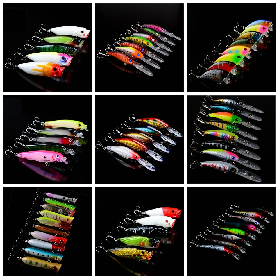 Isca de Pesca Mista 9 Modelos Lifelike Minnow Rígido Iscas Artificiais Fazer Qualidade Mix Wobbler Vib Popper Enfrentar 61 Pçs - Set 5 High Quality Esporte e Lazer