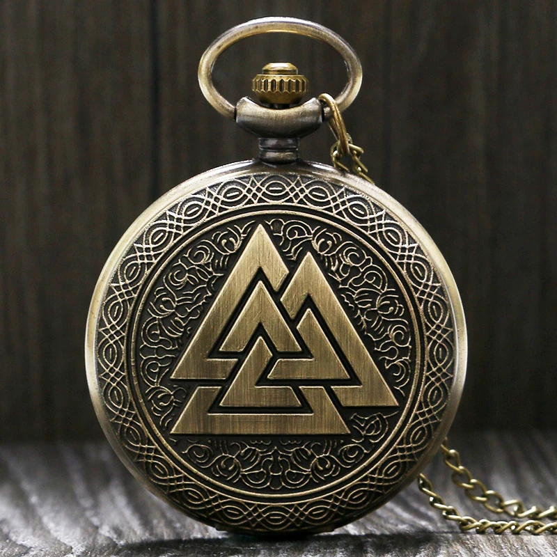 Бронзовые винтажные треугольные часы Valknut в стиле норвежских викингов, кварцевые карманные часы, ожерелье, три переплетенных брелока, часы для женщин и мужчин, подарок