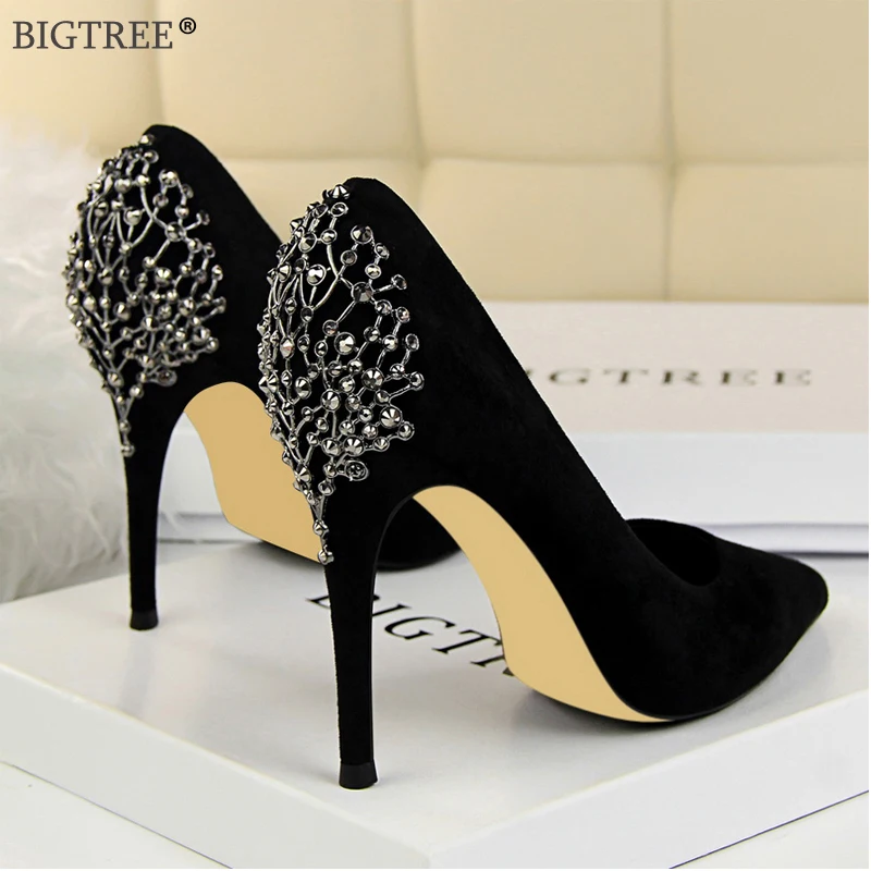 Women high heels Party wedding shoes 2019 crystal string bead Glitter pumps Elegant Sexy pump Dance club Flock red pointed toe
