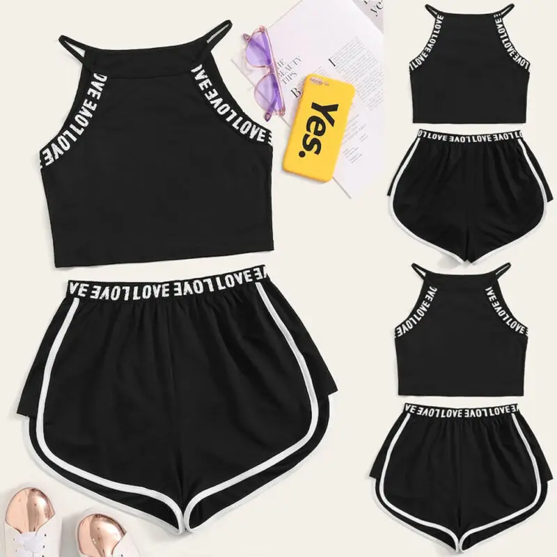 

Women Sports Suit Yoga Fitness Split Set Sleeveless T-Shirt + Loose Shorts