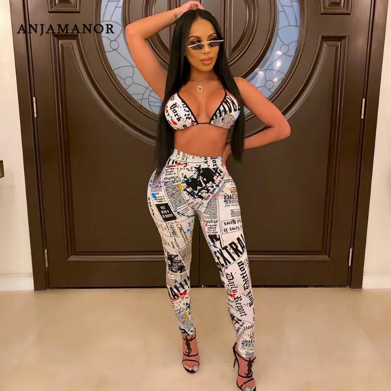 

ANJAMANOR Newspaper Print Sexy Two Piece Set Crop Top and Pants Sexy Club Outfits 2 Piece Bodycon Matching Sets 2019 D43-AB32