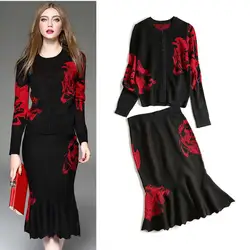 Осень-зима Для женщин вязать одежда для вечеринки комплект Винтаж Florals черный, красный кардиган и Русалка оборками юбки костюм Twinsets NS570