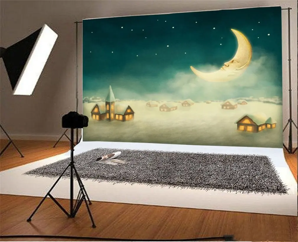 

Photography Backdrop Cartoon Dreamlike Fairy Tale Moon Starry Night House Night Scene Photo Background Party