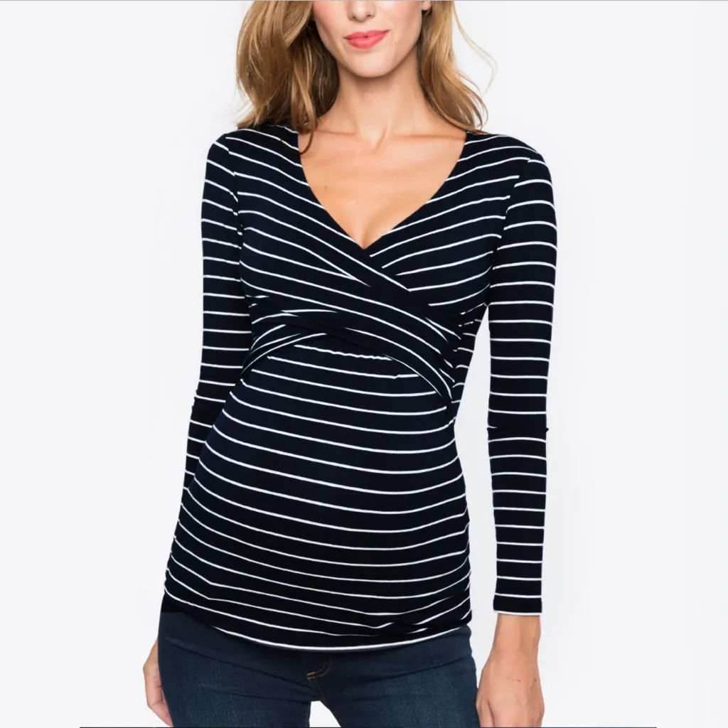 Новые осенние однотонные топы для беременных женщин, футболка для грудного вскармливания, удобные топы в полоску для беременных, Одежда для беременных# LR4