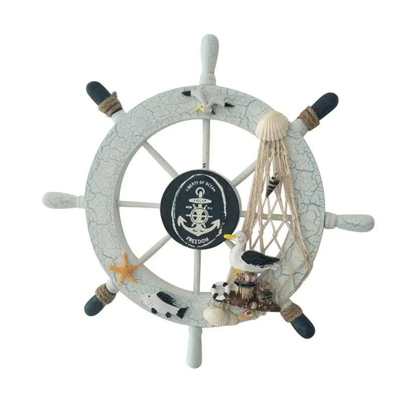 

28cm Wooden Boat Beach Ship Steering Wheel Fishing Net Shell Home Wall Decor Seabird Mediterranean Style Home Decoration A3