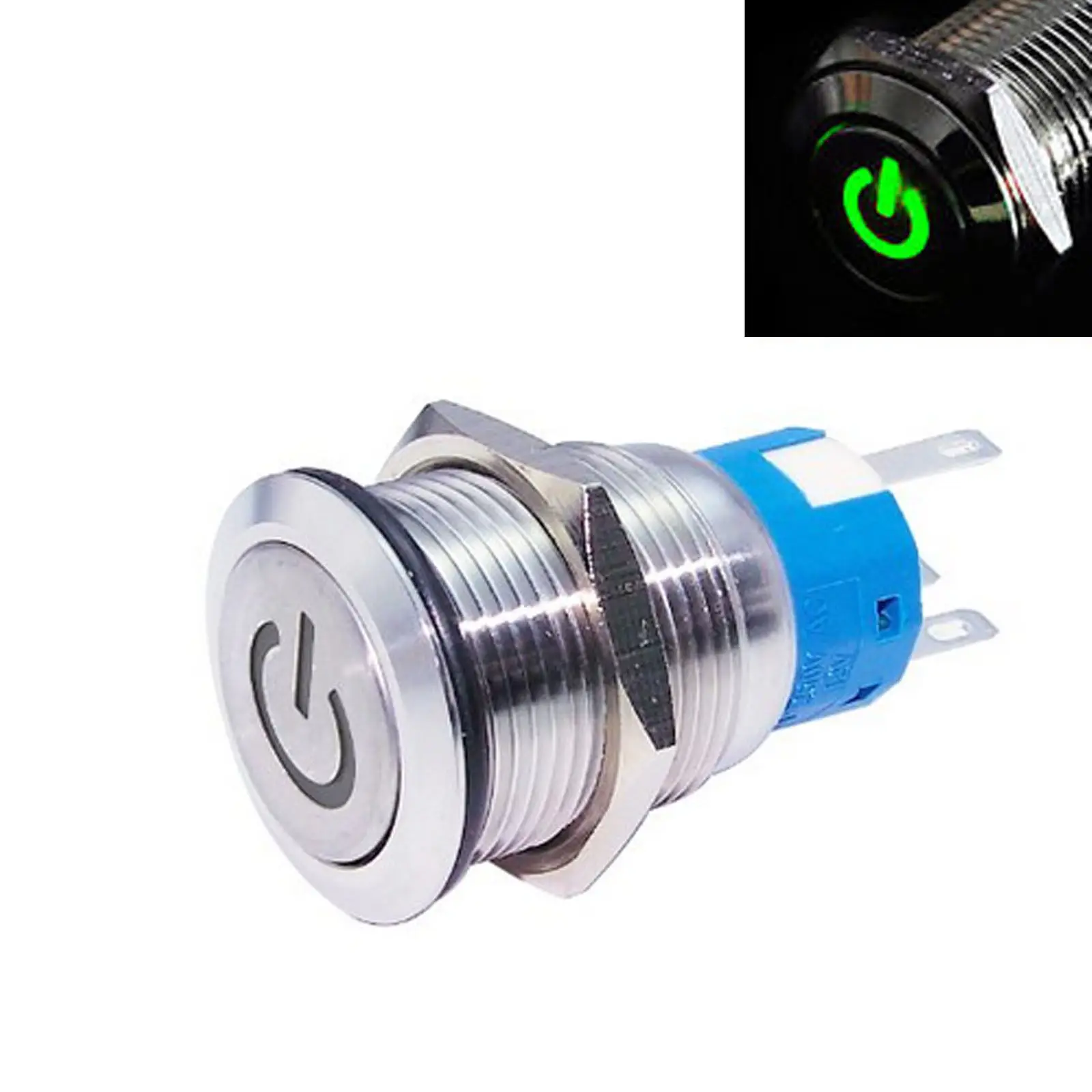 New 19mm Green 12v LED Power symbol Metal Momentary on off Push Button Switchin