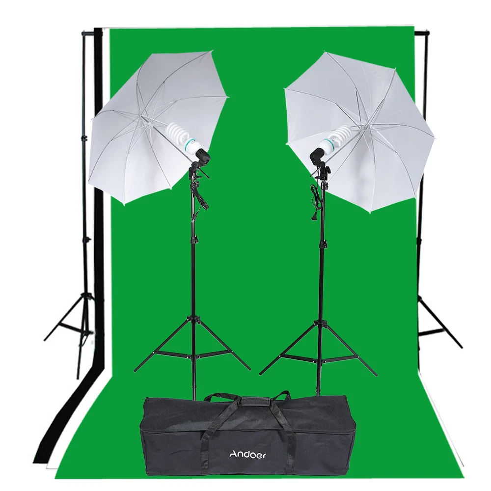 

Andoer Photography Studio Light Lighting Tent Kit With 135W Bulb Bulb Holder Reflective Umbrella Backdrop Tripod Stands