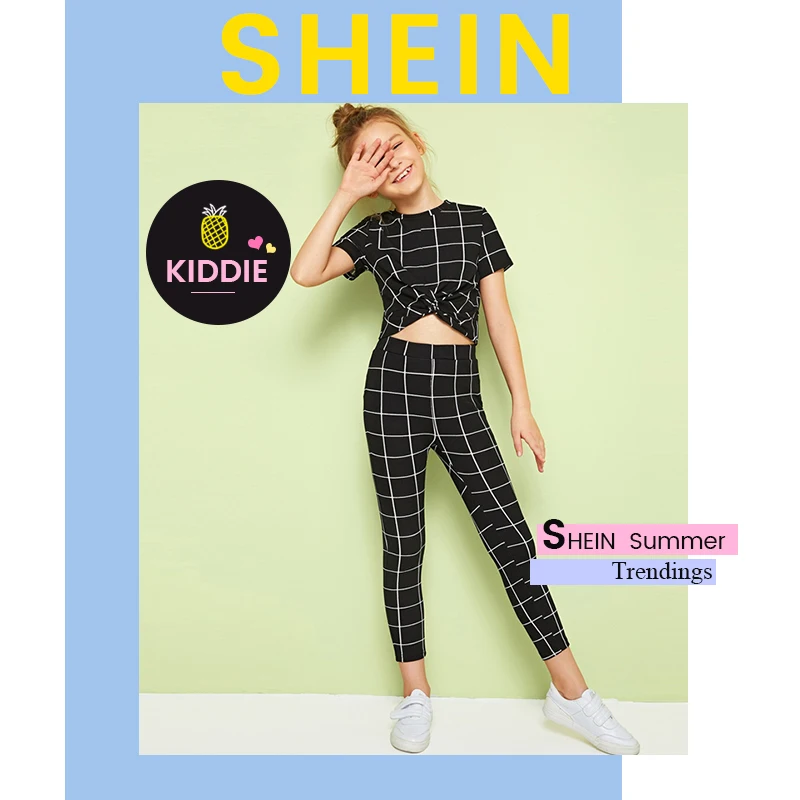 SHEIN/детский черный клетчатый топ со стоячим воротником и леггинсы повседневный комплект для детей г. Летние детские облегающие костюмы с короткими рукавами