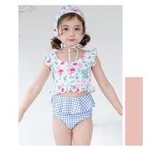 Новинка года, Детский милый купальный костюм с оборками для девочек Детский бикини со шнуровкой и шапкой с принтом фламинго, пляжный купальный костюм, 3 предмета, S8D9004X