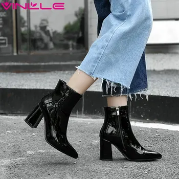 

VINLLE 2020 Women Ankle Boots Zipper Women Shoes Pu Leather Winter Warm Fashion Black Sliver Gold Women Shoes Size 34-42